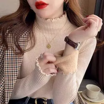 Повседневный бархатный теплый свитер, свитер для женщин, модный утолщенный полувысокий воротник, базовый осенний свитер, женские однотонные облегающие плюшевые зимние джемперы 25613 One Size чёрный