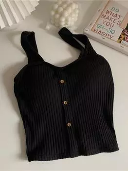 Повседневный базовый ребристый трикотажный топ Btton Crop Top для женщин, летняя безрукавка с V-образным вырезом, женская футболка в стиле гранж Y2K, корейская уличная одеждаF S чёрный