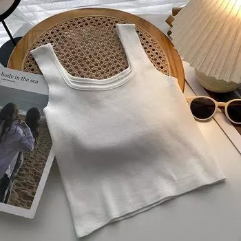 Повседневный базовый вязаный укороченный топ для женщин, летние топы без рукавов с квадратным воротником, милая женская футболка в стиле гранж, модная уличная одежда Y2K One Size белый