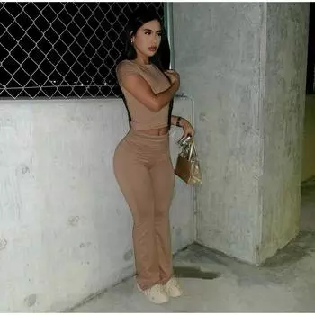 Повседневный базовый женский комплект из 2 предметов: эластичные прямые брюки с круглым вырезом + облегающие футболки с короткими рукавами, спортивные уличные костюмы S коричневый