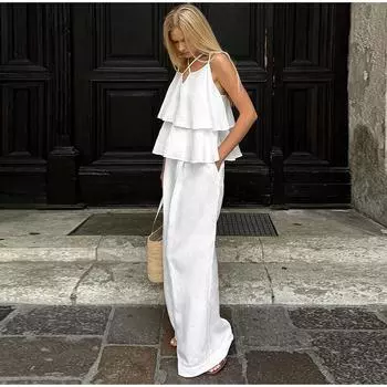 Повседневный белый женский костюм из хлопка и льна, весна-лето 2025, модные топы с рукавами-крылышками, широкие брюки, однотонные костюмы-двойки S белый