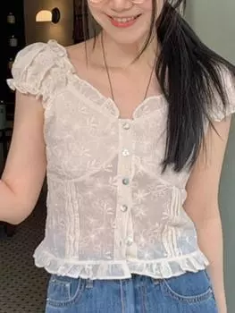 Повседневный дизайн, кружевная блузка, женская ретро-элегантная рубашка с вышивкой Y2k, женские рубашки в Корейском стиле, 2024, летняя рубашка для похудения с пряжкой S белый
