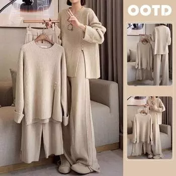 Повседневный дизайн, женский свитер из двух частей, осенне-зимний толстый свободный ленивый свитер + широкие брюки, костюм из двух частей One size серый