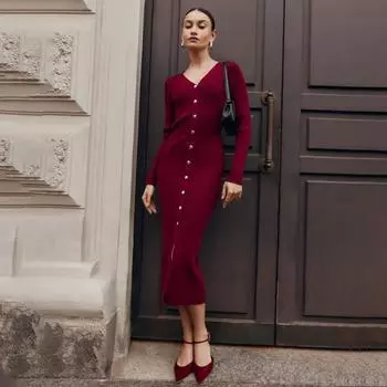 Повседневный длинный рукав трикотажное ребристое платье с пуговицами и разрезом женский свитер кардиган платья тонкий однотонный элегантный офисная женская одежда S красный