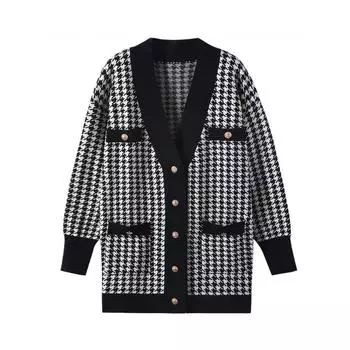 Повседневный длинный вязаный розовый кардиган женский осень-зима свитер с заниженной линией плеча пальто базовые кнопки женские топы с узором «гусиная лапка» S чёрный