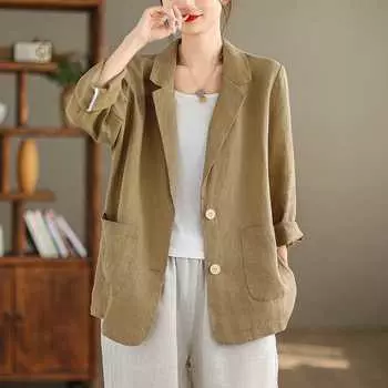 Повседневный хлопковый льняной пиджак, винтажный пиджак для женщин, осенний художественный ретро-блейзер, однотонный костюм с длинным рукавом M