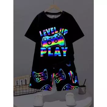 Повседневный и модный комплект из трикотажной футболки с коротким рукавом и шорт для мальчиков-подростков с принтом игровой консоли-ночника 100