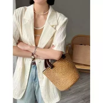 Повседневный и удобный женский весенне-летний модный тонкий маленький пиджак с короткими рукавами M чёрный