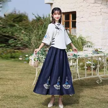 Повседневный изящный летний костюм-юбка с вышивкой Hanfu для женщин M разноцветный