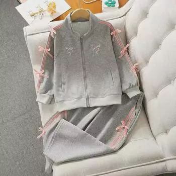 Повседневный кардиган и свободные брюки для девочек - спортивный комплект из 2 предметов для 12-летних девочек (Весна осень) 130 cm серый