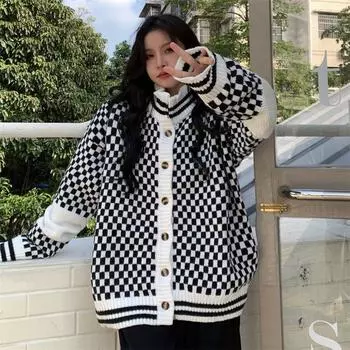 Повседневный кардиган, свитер с шахматной доской, кардиган, пальто, осень-зима 2023, женский свободный топ с длинными рукавами, трикотаж, кардиган