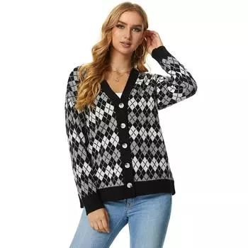 Повседневный клетчатый кардиган с принтом, женский свитер, осенний вязаный однобортный свободный женский свитер с открытой строчкой One Size чёрный