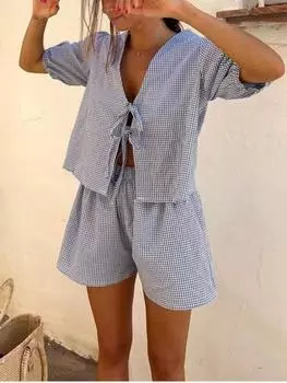 Повседневный клетчатый свободный летний комплект из двух предметов, женские топы на шнуровке в стиле ретро Y2k + однотонные шорты, женские модные пляжные костюмы с v-образным вырезом и короткими рукавами S синий