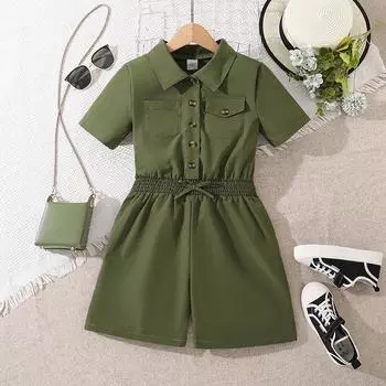 Повседневный комбинезон для детей, летний комбинезон для девочек с короткими рукавами и лацканами, модный комбинезон 130cm=8Y зелёный
