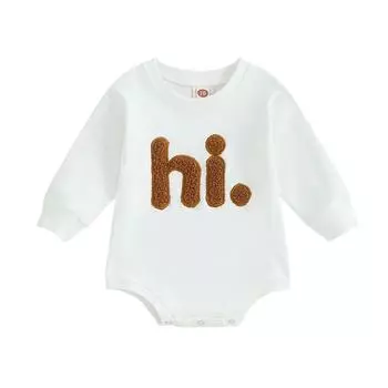 Повседневный комбинезон для девочек с круглым вырезом, бежевый, с длинными рукавами, с вышитыми пушистыми буквами 12-18 Months