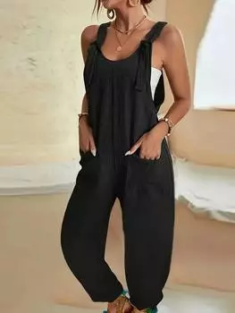 Повседневный комбинезон с круглым вырезом, свободный крой, комбинезон на бретелях с карманами S чёрный