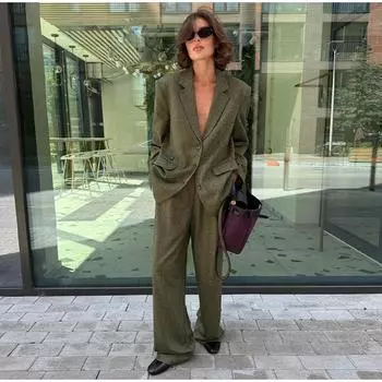 Повседневный комплект из 2 предметов для женщин, элегантное пальто с отложным воротником и длинными рукавами, брюки с высокой талией, свободные осенние женские костюмы для поездок на работу S зелёный