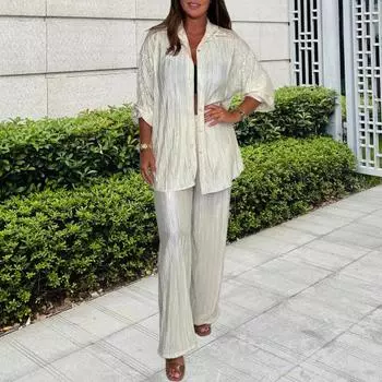 Повседневный комплект из 2 предметов для женщин, рубашка с длинным рукавом и застежкой на пуговицы, широкие брюки, летний плиссированный домашний костюм XL бежевый