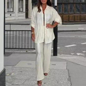 Повседневный комплект из 2 предметов для женщин, рубашка с длинным рукавом и застежкой на пуговицы, широкие брюки, летний плиссированный домашний костюм 2XL бежевый