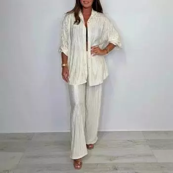 Повседневный комплект из 2 предметов для женщин Yousheng, рубашка с длинным рукавом и широкими брюками, летняя плиссированная домашняя одежда, подходящий костюм S бежевый
