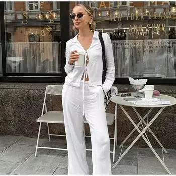 Повседневный комплект из брюк для женщин, удобный весенне-осенний комплект из топов с V-образным вырезом и шнуровкой, эластичный пояс, брюки, комплекты для женщин, однотонный женский универсальный базовый костюм S белый