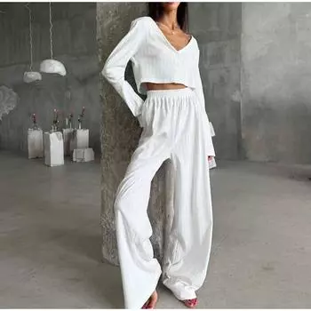 Повседневный комплект из длинных брюк для женщин, весна-лето, блузки с V-образным вырезом и пуговицами, длинные рукава, эластичный пояс, брюки, комплекты, женский однотонный офисный женский костюм S белый