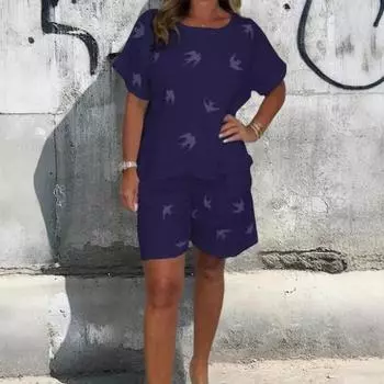 Повседневный комплект из двух частей для женщин, хлопковый лен, с коротким O-образным вырезом M белый