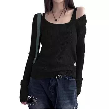 Повседневный комплект из двух частей: топ с длинным рукавом, повседневная мода, черный, новый, с открытыми плечами S чёрный