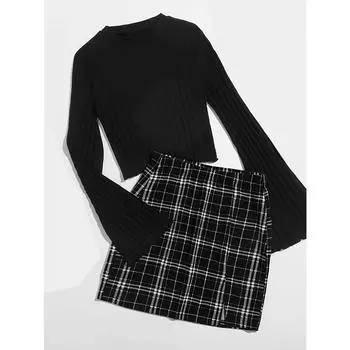 Повседневный комплект из двух частей юбки с цветными блоками, топ с круглым вырезом и длинными рукавами и клетчатые юбки, женская одежда S чёрный