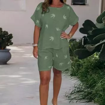 Повседневный комплект из двух предметов для женщин из хлопка и льна с круглым вырезом и короткими рукавами, свободная домашняя одежда, подходящий костюм на весну и лето M