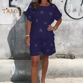 Повседневный комплект из двух предметов для женщин из хлопка и льна с круглым вырезом и короткими рукавами, свободная домашняя одежда, подходящий костюм на весну и лето M