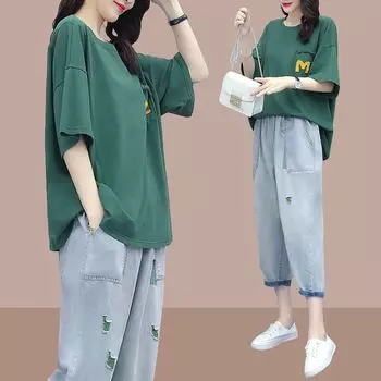 Повседневный комплект из двух предметов с хлопковыми джинсовыми брюками идеально подходит для женщин больших размеров летом L