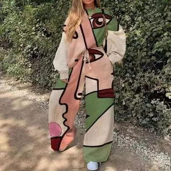 Повседневный комплект худи с круглым вырезом, свободного кроя, тонкий, с принтом, женский, из двух предметов, модная уличная одежда, брючные костюмы для весны и осени S