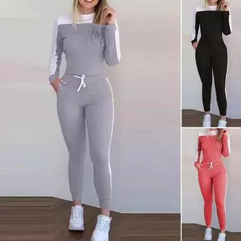 Повседневный комплект из двух предметов, женская одежда OTTD, цветной топ с длинными рукавами и круглым вырезом, и спортивные узкие брюки на шнурке, комплект на осень S чёрный