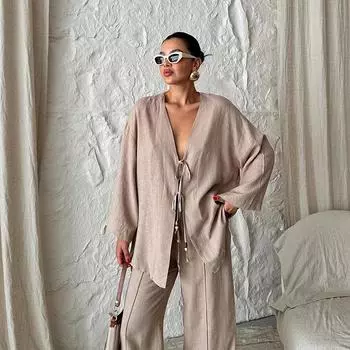 Повседневный комплект из рубашки и брюк на шнуровке для женщин, свободная рубашка с V-образным вырезом и длинным рукавом, широкие брюки, осенний шикарный женский комплект S зелёный