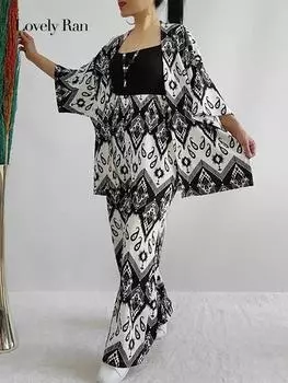 Повседневный комплект из рубашки и брюк с принтом, женский топ с короткими рукавами, свободные брюки с высокой талией, костюм из 2 предметов, широкие брюки, модная женская одежда S чёрный