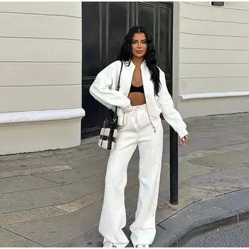 Повседневный комплект из толстовки на молнии и брюк, женская однотонная куртка-бомбер с круглым вырезом, свободные брюки со шнуровкой и высокой талией, весна-осень 2025, новые женские костюмы S хаки