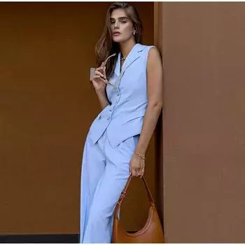 Повседневный комплект из жилета и брюк с лацканами, женский однотонный однобортный жилет без рукавов, узкие широкие брюки 2025 года, весна-лето, новый женский наряд S розовый