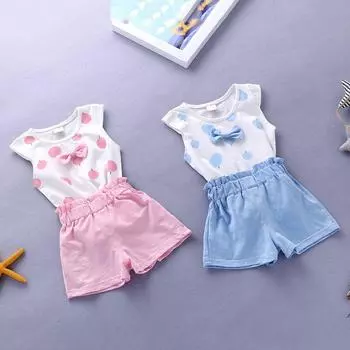 Повседневный комплект одежды для девочек, летний детский жилет без рукавов с бантом в горошек + однотонные шорты, костюм для одежды M