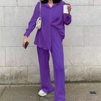 Повседневный комплект с высокими плиссированными брюками, женские осенние блузки с длинными рукавами, одинаковые широкие брюки, зеленый плиссированный комплект из 2 шт. S синий