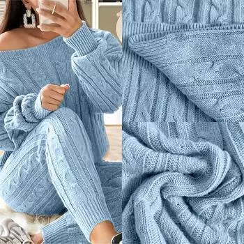 Повседневный комплект свитеров, женский однотонный свитер с длинным рукавом на одно плечо, вязаный косами джемпер и брюки свитера, комплект из двух предметов 1XL небесно-голубой