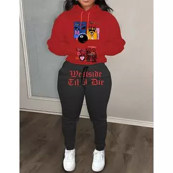 Повседневный комплект толстовок с капюшоном и цветными блоками, комплект спортивных штанов с мультяшным принтом для женщин XXXL красный