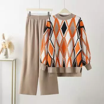 Повседневный контрастный цвет трикотажные брюки костюм женский осень зима свободный свитер с длинным рукавом широкие брюки наряды комплект из двух частей one size чёрный