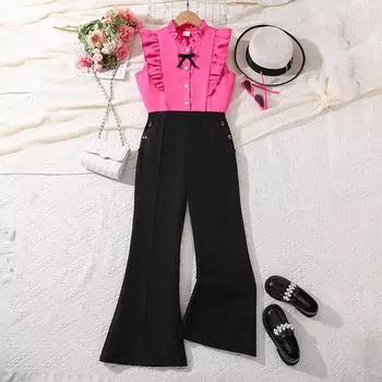 Повседневный костюм для девочек, летний детский кружевной топ без рукавов, элегантные расклешенные брюки, модный костюм из двух частей 130cm=8Y розы красного