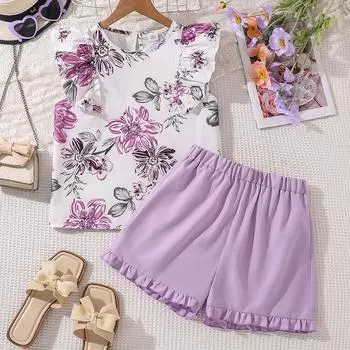 Повседневный костюм для девочек, летний детский милый цветочный топ с оборками и шорты, комплект из двух частей 130cm=8Y фиолетовый