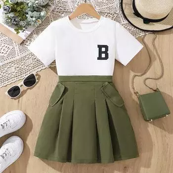 Повседневный костюм для девочек, летний детский милый топ с короткими рукавами, плиссированная юбка, костюм из двух частей 130cm=8Y зелёный