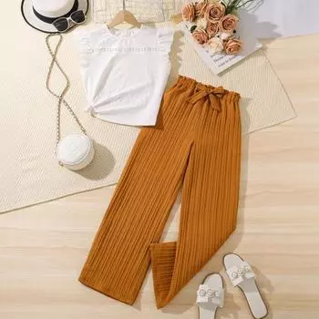 Повседневный костюм для девочек, летний детский модный топ с рукавами-крылышками, широкие брюки, костюм из двух частей 130cm=8Y светло-коричневого