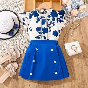 Повседневный костюм для девочек, летний детский топ с короткими рукавами и принтом, модные брюки-кюлоты, костюм из двух частей 130cm=8Y синий