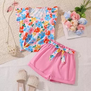 Повседневный костюм для девочек, летняя детская мода, контрастный цвет, принт, короткий рукав, шорты, костюм из двух частей 130cm=8Y розовый