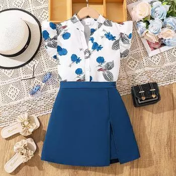 Повседневный костюм для девочек, летняя детская рубашка с короткими рукавами, модный костюм-кюлоты 130cm=8Y синий